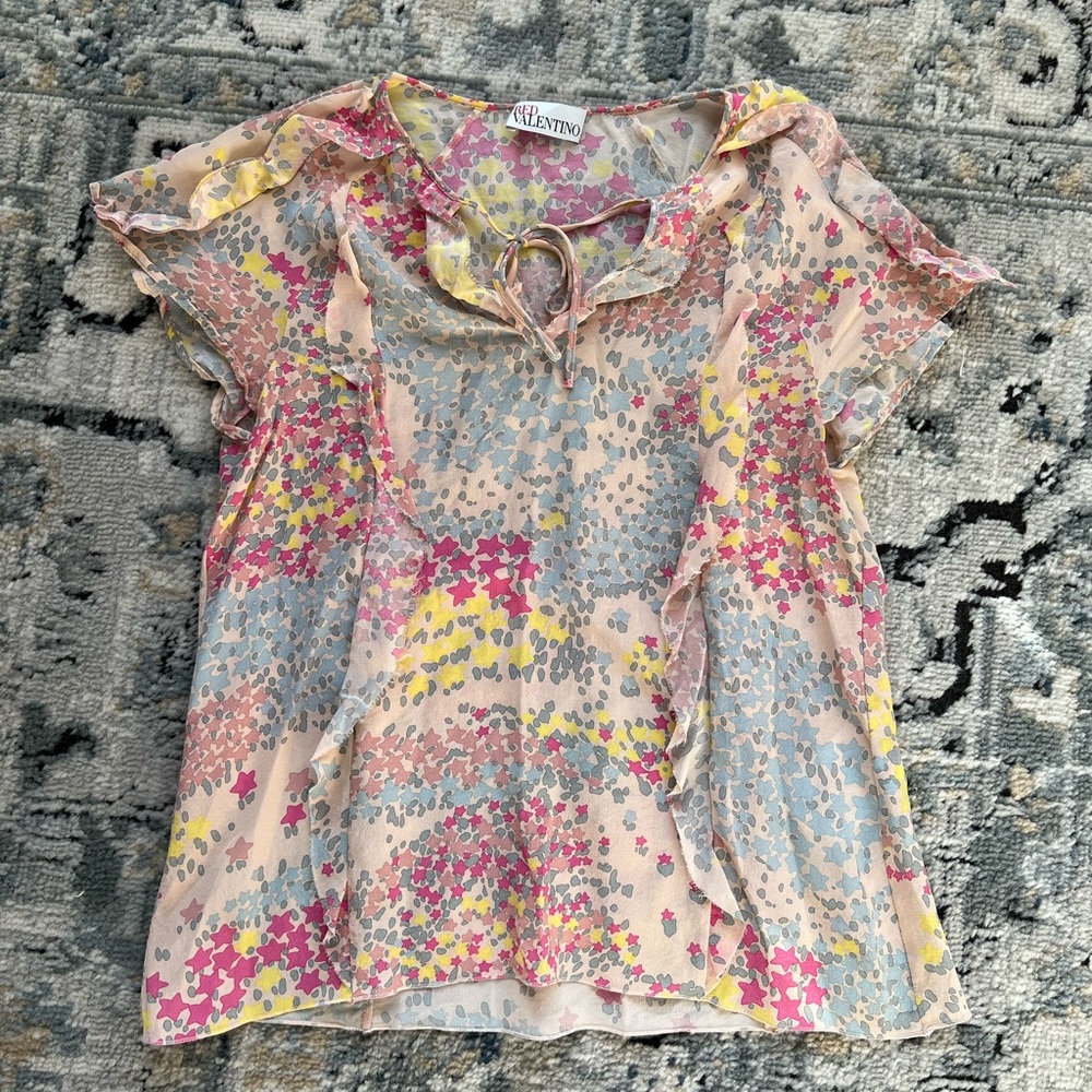 RED Valentino tie neck abstract motif 100% silk short sleeve top size 38